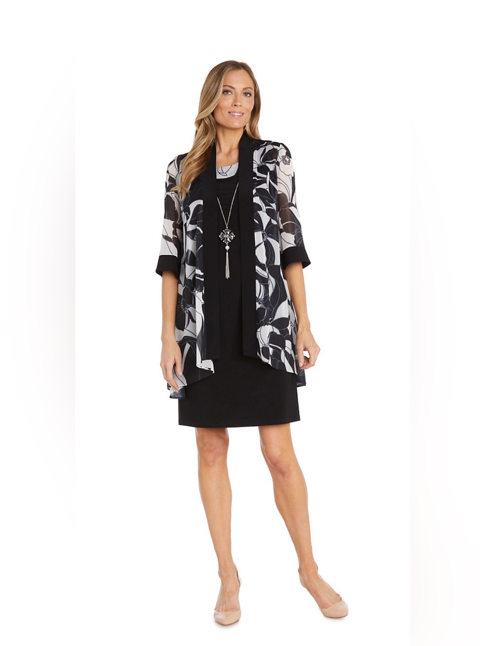R&M Richards 2Pc Floral Chiffon Jacket Sheath Dress Necklace Black/Grey 6 #1493